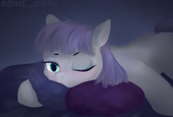 Size: 2048x1390 | Tagged: safe, artist:some_ponu, derpibooru import, maud pie, earth pony, pony, crying, depressed, female, gray background, lying down, mare, missing cutie mark, one eye closed, pillow, prone, sad, simple background, solo, teary eyes