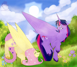 Size: 4000x3500 | Tagged: safe, artist:sofa666cucumber, derpibooru import, fluttershy, twilight sparkle, twilight sparkle (alicorn), alicorn, insect, ladybug, pegasus, pony, duo, female, flower, flower in hair, glasses, high res, insect on nose, mare, modern art, optical illusion, twilight hates ladybugs