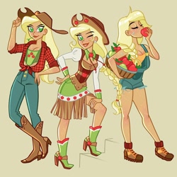 Size: 1200x1200 | Tagged: source needed, safe, artist:ramba, derpibooru import, applejack, human, applejack's hat, boots, clothes, cowboy boots, cowboy hat, denim, dress, ear piercing, earring, female, flannel, freckles, gala dress, green background, grin, hat, high heels, humanized, jeans, jewelry, one eye closed, overalls, pants, piercing, shirt, shoes, simple background, smiling, socks, solo, wink