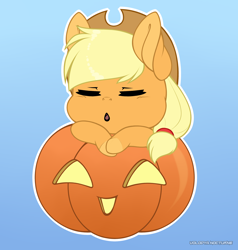 Size: 1428x1500 | Tagged: safe, artist:volodyanocturne, derpibooru import, applejack, earth pony, pony, applejack's hat, chibi, clothes, commission, cowboy hat, crossed hooves, eyes closed, female, gradient background, hair tie, halloween, hat, holiday, jack-o-lantern, open mouth, pumpkin, solo, ych result