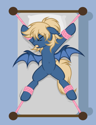 Size: 4671x6087 | Tagged: safe, artist:equestria secret guard, derpibooru import, oc, oc only, oc:sadie angela, bat pony, pony, armpits, bat pony oc, bat wings, bed, belly, belly button, bondage, eyes closed, featureless crotch, female, helpless, lying down, mare, on bed, rope, rope bondage, sexy, simple background, solo, spread eagle, spread legs, spread wings, spreading, tied down, tied to bed, tied up, transparent background, wings