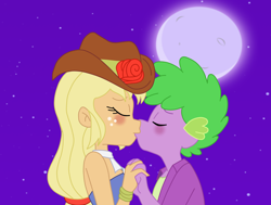 Size: 1426x1076 | Tagged: safe, artist:spike17, derpibooru import, applejack, spike, human, equestria girls, applespike, blushing, duo, female, human spike, humanized, kiss on the lips, kissing, love, male, moon, night, shipping, straight