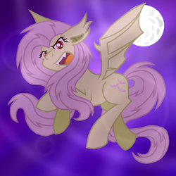 Size: 800x800 | Tagged: safe, artist:lindasaurie, derpibooru exclusive, derpibooru import, fluttershy, bat pony, pony, bat ponified, colored lineart, fangs, female, flutterbat, flying, mare, moon, night, night sky, open mouth, race swap, sky, solo, spread wings, wings