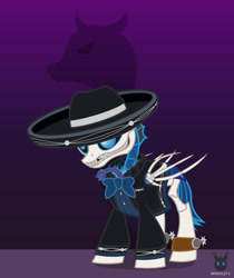 Size: 1189x1416 | Tagged: safe, artist:wheatley r.h., derpibooru exclusive, derpibooru import, oc, oc only, oc:w. rhinestone eyes, changeling, skeleton pony, bat wings, blue fire, bone, bowtie, changeling oc, charro, charro negro, clothes, folded wings, gradient background, hat, male, shadow, sharp teeth, simple background, single panel, skeleton, solo, spurs, stallion, suit, teeth, vector, watermark, wings