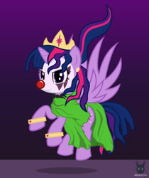 Size: 1189x1416 | Tagged: safe, artist:wheatley r.h., derpibooru exclusive, derpibooru import, oc, oc only, oc:twi clown, unicorn, bowtie, clone, clothes, clown, clown makeup, clown nose, crown, cuffs (clothes), female, gradient background, horn, jewelry, kefka palazzo, mare, red nose, regalia, single panel, solo, spread wings, toga, unicorn oc, vector, watermark, winged unicorn, wings