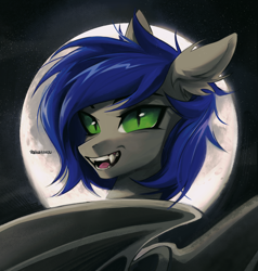 Size: 1824x1914 | Tagged: safe, artist:teturirusu, derpibooru import, oc, bat pony, blue hair, bust, commission, gray skin, looking at you, male, moon, portrait, solo, ych result, your character here