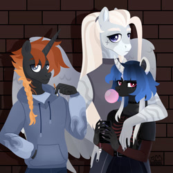 Size: 1920x1920 | Tagged: safe, artist:kabuvee, derpibooru import, oc, oc only, oc:alvis rebel, oc:amber, oc:leo laminter, anthro, pegasus, unicorn, bubblegum, cellphone, female, food, gum, male, phone