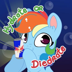 Size: 3319x3319 | Tagged: safe, artist:cutepencilcase, derpibooru import, rainbow dash, pegasus, pony, bust, drink, energy drink, portrait, red bull, smiling, solo