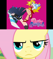 Size: 3192x3542 | Tagged: safe, edit, edited screencap, screencap, fluttershy, human, pegasus, pony, anarchy panty, anarchy stocking, episode needed, female, gun, handgun, meme, panty and stocking with garterbelt, pistol, sword, unamused, weapon