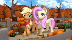 Size: 3840x2160 | Tagged: safe, artist:owlpirate, derpibooru import, applejack, fluttershy, earth pony, pegasus, pony, g4, 3d, 4k, accessory swap, applejack's hat, appleshy, autumn, bandana, clothes, cowboy hat, duo, duo female, female, hat, high res, lesbian, mare, pumpkin, shipping, smiling, source filmmaker, unshorn fetlocks, walking