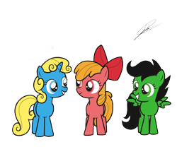 Size: 3000x2500 | Tagged: safe, artist:dsonic720, artist:icicle-wicicle-1517, color edit, derpibooru import, edit, apple bloom, scootaloo, sweetie belle, earth pony, pegasus, pony, unicorn, collaboration, g4, apple bloom's bow, blossom (powerpuff girls), bow, bubbles (powerpuff girls), buttercup (powerpuff girls), colored, cutie mark crusaders, female, filly, foal, grin, hair bow, recolor, simple background, smiling, the powerpuff girls, transparent background, trio