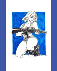 Size: 1080x1350 | Tagged: safe, artist:brother-tico, derpibooru import, rainbow dash, human, g4, assault rifle, boots, breasts, cleavage, clothes, daisy dukes, female, grin, gun, huevember, humanized, kneeling, midriff, monochrome, rainboob dash, rifle, shoes, shorts, smiling, solo, thighs, traditional art, weapon