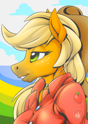Size: 2170x3070 | Tagged: safe, artist:mysticalpha, derpibooru import, applejack, anthro, earth pony, g4, applerack, breasts, bust, facial markings, female, grin, high res, hoers, lidded eyes, mare, mealy mouth (coat marking), portrait, profile, smiling, solo