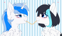 Size: 5051x2990 | Tagged: safe, artist:pesty_skillengton, derpibooru import, oc, alicorn, pegasus, pony, bandaid, bandaid on nose, blushing, bust, chest fluff, cute, ear fluff, ears, female, food, heart, lesbian, love, mare, pasta, spaghetti, wings