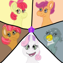 Size: 1200x1200 | Tagged: safe, artist:mintwhistle, derpibooru import, apple bloom, babs seed, gabby, scootaloo, sweetie belle, earth pony, griffon, pegasus, pony, unicorn, g4, apple bloom's bow, bow, cmc day, confident, cutie mark crusaders, eyes closed, female, filly, foal, freckles, front view, frown, griffon teeth, grin, group, hair bow, hairband, looking at you, looking back, medibang paint, one of these things is not like the others, open mouth, open smile, ponytail, quintet, smiling, smiling at you, stars