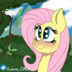 Size: 2048x2048 | Tagged: safe, artist:juniverse, derpibooru import, fluttershy, insect, pegasus, pony, g4, blue sky, blushing, colored, cute, cutie mark eyes, female, forest, meme, nature, nature is so fascinating, pupa, shyabetes, smiling, solo, tree, wingding eyes