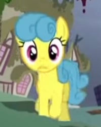 Size: 248x311 | Tagged: safe, derpibooru import, screencap, lemon hearts, earth pony, pony, bloom and gloom, g4, season 5, alternate hairstyle, animation error, bell perin, cropped, earth pony lemon hearts, female, frown, galloping, mare, missing horn, race swap, running, solo focus, wrong hairstyle