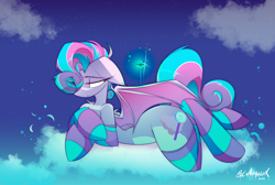 Size: 2500x1681 | Tagged: safe, artist:madragon, derpibooru import, oc, oc:sweetie swirl, bat pony, alcohol, bat pony oc, clothes, cloud, commission, hoof hold, lidded eyes, lying down, martini, one wing out, sky, socks, stars, stockings, striped socks, thigh highs, wings, ych result