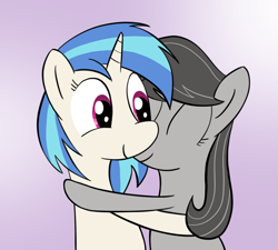 Size: 1629x1466 | Tagged: safe, artist:ponycolton, derpibooru import, dj pon-3, octavia melody, vinyl scratch, unicorn, g4, gradient background, hug, smiling