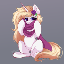 Size: 2000x2000 | Tagged: safe, artist:skyboundsiren, derpibooru import, oc, oc only, oc:winthria siriusa, pony, unicorn, clothes, female, flower, scarf, signature, sitting, sketch, solo