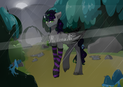 Size: 2466x1739 | Tagged: safe, artist:millman;, derpibooru import, oc, oc only, pegasus, clothes, commission, forest, moon, nature, night, pegasus oc, rain, socks, solo, stockings, striped socks, thigh highs, tree