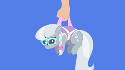 Size: 3840x2160 | Tagged: safe, alternate version, artist:duran301, derpibooru import, silver spoon, series:pack a pony, g4, alternate character, blue background, carrying, hand, simple background, solo