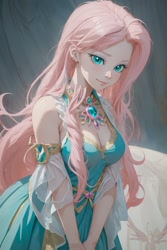 Size: 1024x1536 | Tagged: safe, ai content, derpibooru import, generator:yodayo, machine learning generated, fluttershy, human, g4, beautiful, beautiful eyes, breasts, bust, cleavage, clothes, cute, detached sleeves, dress, female, gem, hootershy, humanized, jewelry, long hair, necklace, prompter:sammykun, shyabetes, solo