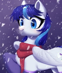 Size: 2000x2350 | Tagged: safe, artist:nika-rain, derpibooru import, oc, oc only, oc:snowflake flower, pegasus, pony, big eyes, blue eyes, blue mane, blue tail, chest fluff, clothes, commission, commissions open, concave belly, ear fluff, ears, ears up, eyes open, feathered wings, female, folded wing, fringe, gradient background, gritted teeth, half body, high res, looking at someone, mare, partially open wings, pegasus oc, scarf, snow, snowfall, socks, solo, tail, teeth, two toned mane, two toned tail, vapor, wings, winter, ych result, your character here
