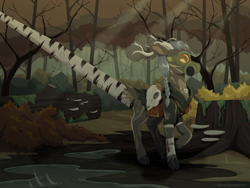 Size: 1600x1200 | Tagged: safe, artist:willoillo, derpibooru import, oc, oc only, deer, fallout equestria, bandage, bandaged leg, braid, commission, crepuscular rays, forest, gas mask, injured, mask, nature, solo, tree, tree stump, whitetail woods