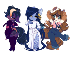 Size: 2835x2339 | Tagged: safe, artist:tolsticot, derpibooru import, oc, oc only, oc:mabel, anthro, bat pony, pegasus, unguligrade anthro, ass, bat pony oc, bedroom eyes, butt, choker, clothes, coat markings, dress, ears, eyebrows, eyebrows visible through hair, female, fishnet stockings, floppy ears, freckles, hair over one eye, hoodie, hot pants, laurel, looking at you, looking back, mare, overalls, side slit, simple background, smiling, smiling at you, spiked choker, stockings, thigh highs, trio, white background