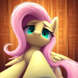 Size: 1024x1024 | Tagged: safe, ai content, derpibooru import, generator:dall-e 3, machine learning generated, fluttershy, pegasus, pony, g4, female, looking at you, looking down, looking down at you, looming, looming over, low angle, mare, offscreen character, pov, solo