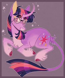 Size: 991x1177 | Tagged: safe, artist:wanderingpegasus, derpibooru import, twilight sparkle, unicorn twilight, pony, unicorn, g4, cloven hooves, curved horn, fetlock tuft, glasses, horn, leonine tail, smiling, solo, sparkles, tail