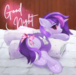 Size: 3616x3608 | Tagged: safe, artist:syunkaaa, derpibooru import, oc, oc only, oc:dreaming bell, unicorn, bow, butt, comfy, commission, cute, female, goodnight, hair bow, heart butt, hooves, horn, looking at you, looking back, looking back at you, mare, pillow, plot, sleepy, solo, tail, tail bow, underhoof, unicorn oc