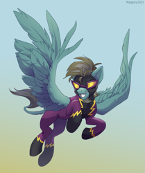 Size: 1001x1200 | Tagged: safe, artist:margony, derpibooru import, oc, oc only, pegasus, pony, beard, clothes, costume, facial hair, flying, goggles, gradient background, grin, leonine tail, male, shadowbolts, shadowbolts costume, smiling, solo, spread wings, stallion, tail, wings