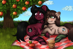 Size: 2400x1609 | Tagged: safe, artist:yumomochan, derpibooru import, oc, oc only, earth pony, apple, apple tree, blushing, clothes, commission, date, ear fluff, ears, female, hug, mare, oc x oc, picnic, picnic blanket, shipping, smiling, socks, striped socks, tree