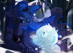 Size: 3500x2527 | Tagged: safe, artist:kefirro7, derpibooru import, princess luna, oc, oc:snowdrop, alicorn, pegasus, pony, g4, cheek fluff, chest fluff, crown, duo, duo female, ear fluff, ears, ethereal mane, eyeshadow, female, filly, foal, horn, jewelry, lidded eyes, makeup, regalia, sad, smiling, snow, snowflake, sparkles