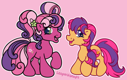 Size: 1900x1200 | Tagged: safe, artist:leopardsnaps, derpibooru import, cheerilee (g3), scootaloo, earth pony, pony, g3, g3.5, duo, multicolored hair, ponytail, raised hoof, raised leg, simple background, smiling, style emulation