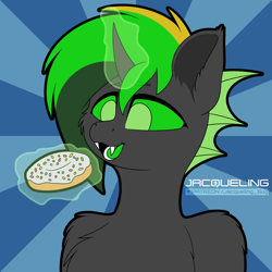 Size: 1500x1500 | Tagged: safe, artist:jacqueling, derpibooru import, oc, oc:emerald ink, changeling, semi-anthro, chest fluff, cute, donut, food, green changeling, human shoulders, male, shoulder fluff, solo