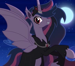 Size: 1019x907 | Tagged: safe, artist:princess.book.horse.x, derpibooru import, twilight sparkle, twilight sparkle (alicorn), alicorn, bat pony, g4, bat ponified, clothes, costume, dress, ethereal mane, jewelry, mascara, moon, night, nightmare night, nightmare night costume, older, older twilight, race swap, red eyes, ring, solo, twibat