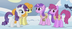 Size: 580x231 | Tagged: safe, derpibooru import, screencap, amethyst star, berry punch, berryshine, carrot top, golden harvest, rarity, sparkler, earth pony, pony, unicorn, g4, season 1, winter wrap up, animal team, cropped, female, group, mare, quartet, snow, standing, winter wrap up vest