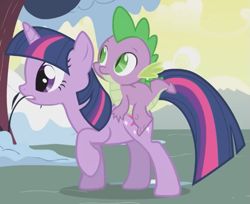 Size: 605x493 | Tagged: safe, derpibooru import, screencap, spike, twilight sparkle, unicorn twilight, dragon, pony, unicorn, g4, season 1, winter wrap up, cropped, cute, dragons riding ponies, duo, female, looking to side, looking to the left, male, mare, raised hoof, raised leg, riding, spike riding twilight, standing, twiabetes