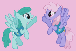 Size: 628x421 | Tagged: safe, derpibooru import, screencap, rainbowshine, spring melody, sprinkle medley, pegasus, pony, g4, season 1, winter wrap up, cropped, duo, female, flying, grin, high five, looking at each other, looking at someone, mare, open mouth, ponies standing next to each other, rainbowdorable, smiling, sprinklebetes, weather team, winter wrap up vest