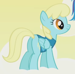 Size: 346x344 | Tagged: safe, derpibooru import, screencap, rainbow dash, sassaflash, pegasus, pony, g4, season 1, winter wrap up, butt, cloud, cropped, female, folded wings, mare, offscreen character, on a cloud, plot, sassabetes, smiling, solo focus, standing on a cloud, weather team, wings, winter wrap up vest