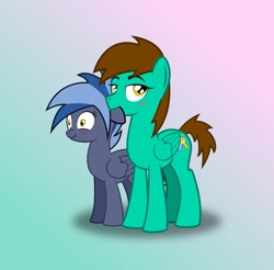 Size: 1097x1080 | Tagged: safe, artist:maxiclouds, derpibooru import, oc, oc only, oc:leslie secgen, oc:pixi feather, pegasus, pony, biting, blue coat, blue mane, blue tail, blushing, brown mane, brown tail, duo, ear bite, embarrassed, eyelashes, female, femboy, folded wings, golden eyes, gradient background, green coat, looking at you, male, mare, stallion, stallion on mare, straight, tail, tiny pupils, wings