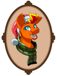 Size: 3204x4240 | Tagged: safe, artist:parrpitched, derpibooru import, oc, oc only, oc:fireheart(fire), bat pony, bat pony oc, bust, christmas, clothes, cute, hat, holiday, latex, latex hat, latex scarf, portrait, prisoners of the moon, rubber, rubber hat, rubber scarf, santa hat, scarf, simple background, solo, striped scarf, transparent background