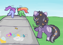 Size: 1245x894 | Tagged: safe, artist:rivibaes, derpibooru import, oc, oc:amaranth, oc:rivibaes, oc:zesty, insect, pegasus, unicorn, butt, chalk, female, filly, foal, heart butt, plot, running away, sad, stick bug, underhoof