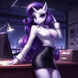 Size: 1024x1024 | Tagged: safe, ai content, derpibooru import, generator:bing image creator, generator:dall-e 3, machine learning generated, rarity, anthro, unicorn, g4, breasts, cleavage, clothes, female, looking at you, miniskirt, night, prompter needed, raritits, shirt, skirt, solo