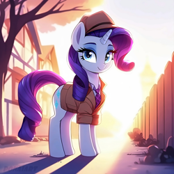 Size: 2048x2048 | Tagged: safe, ai content, derpibooru import, machine learning generated, rarity, unicorn, g4, clothes, detective, detective rarity, fedora, female, hat, prompter:ponaiart, solo