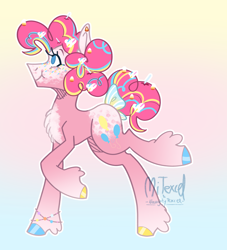 Size: 2408x2651 | Tagged: safe, artist:mitexcel, derpibooru import, pinkie pie, earth pony, pony, g4, alternate design, blue eyes, bracelet, concave belly, cute, cutie mark, female, gradient background, jewelry, mare, pink coat, pink mane, poofy mane, redesign, solo