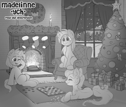 Size: 3269x2778 | Tagged: safe, artist:madelinne, derpibooru import, black and white, candle, chair, checkers, christmas, christmas tree, christmas wreath, commission, fire, fireplace, grayscale, holiday, lying down, monochrome, night, present, sitting, sketch, snow, snowfall, tree, window, wreath, your character here